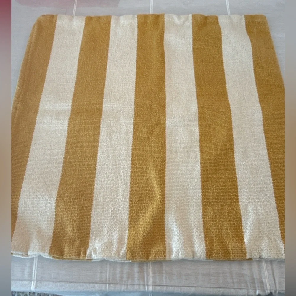 Set of 2 Crate & Barrel Olin Striped Floor Pillow Covers 24x24 Mustard Ivory